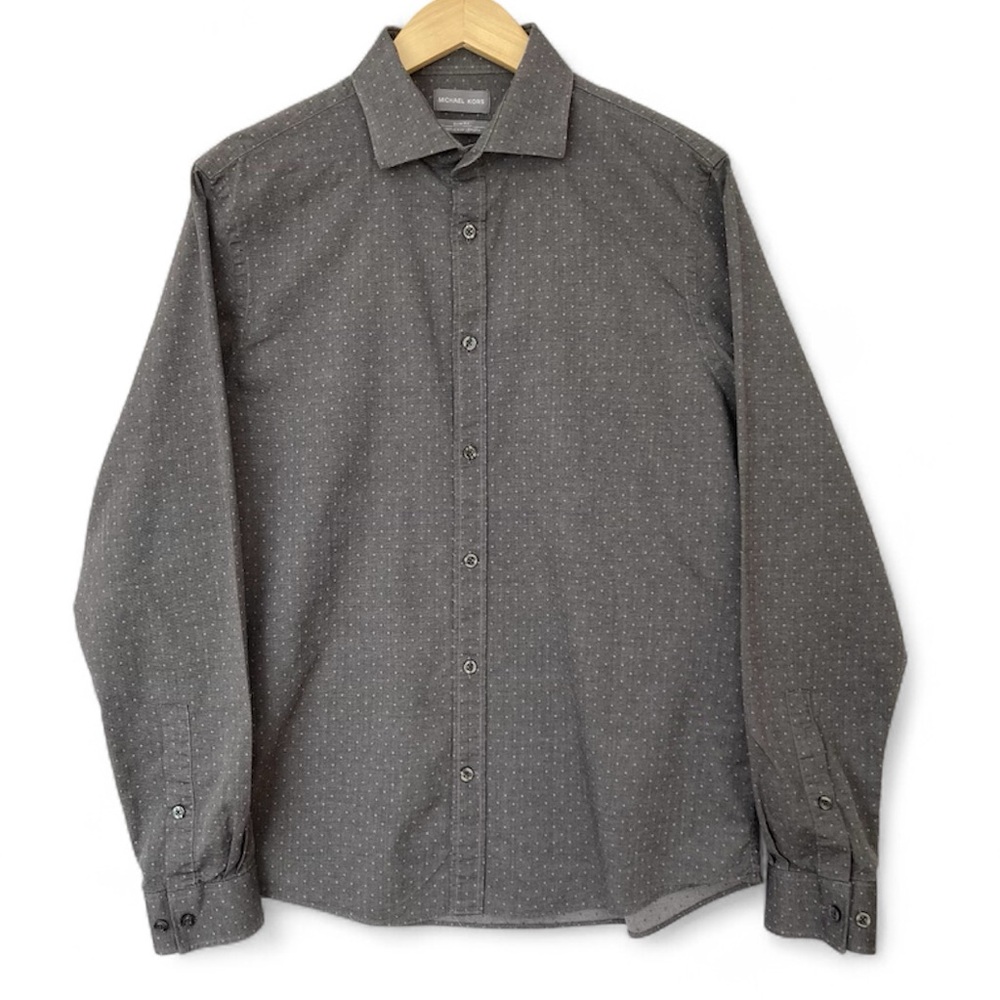 Michael Kors Mens Slim Fit Dress Shirt Size L 16 34/35 Drk Gray With Subtle Dots